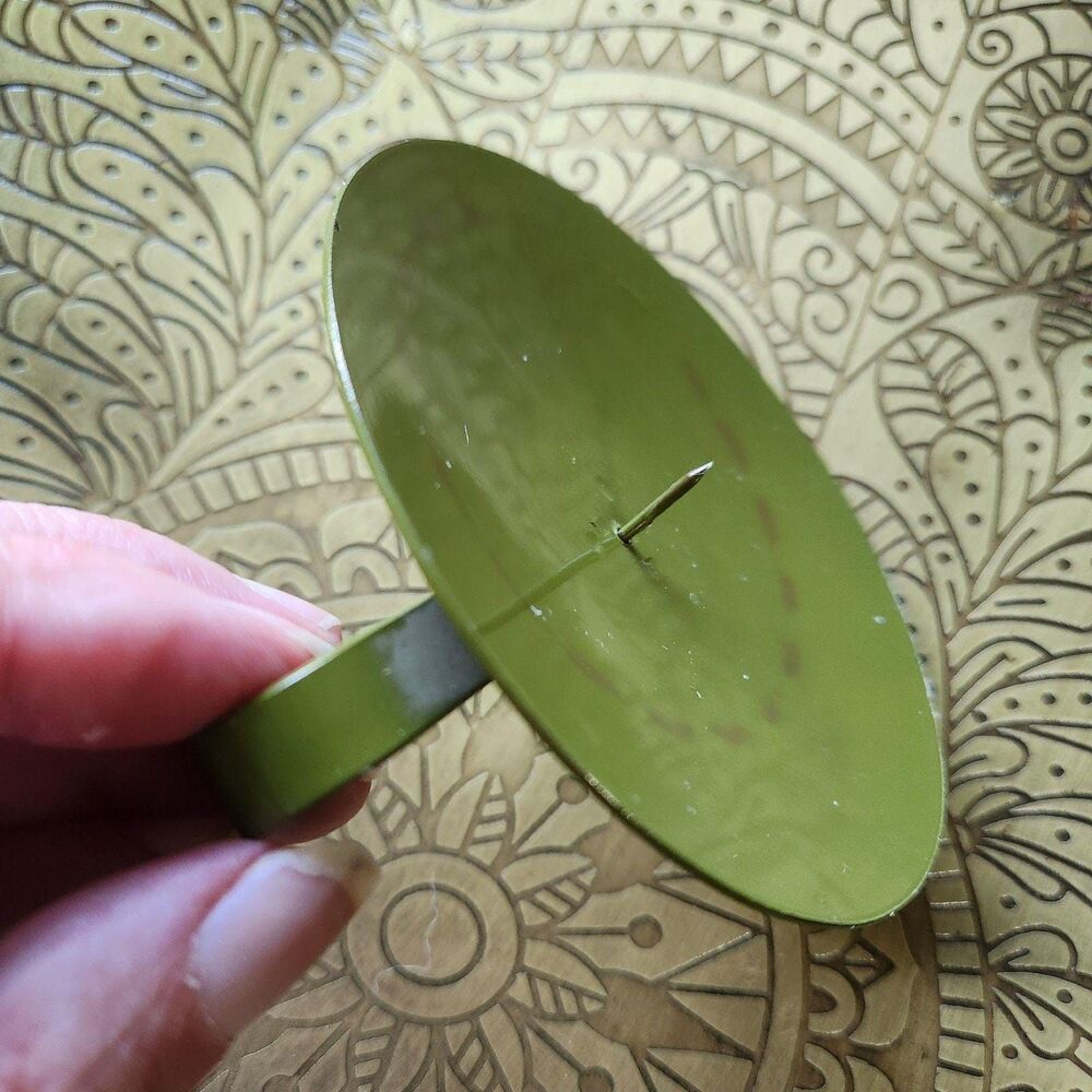 MCM pillar candleholder, avocado green, 1960s, 4inch heavy metal chamber